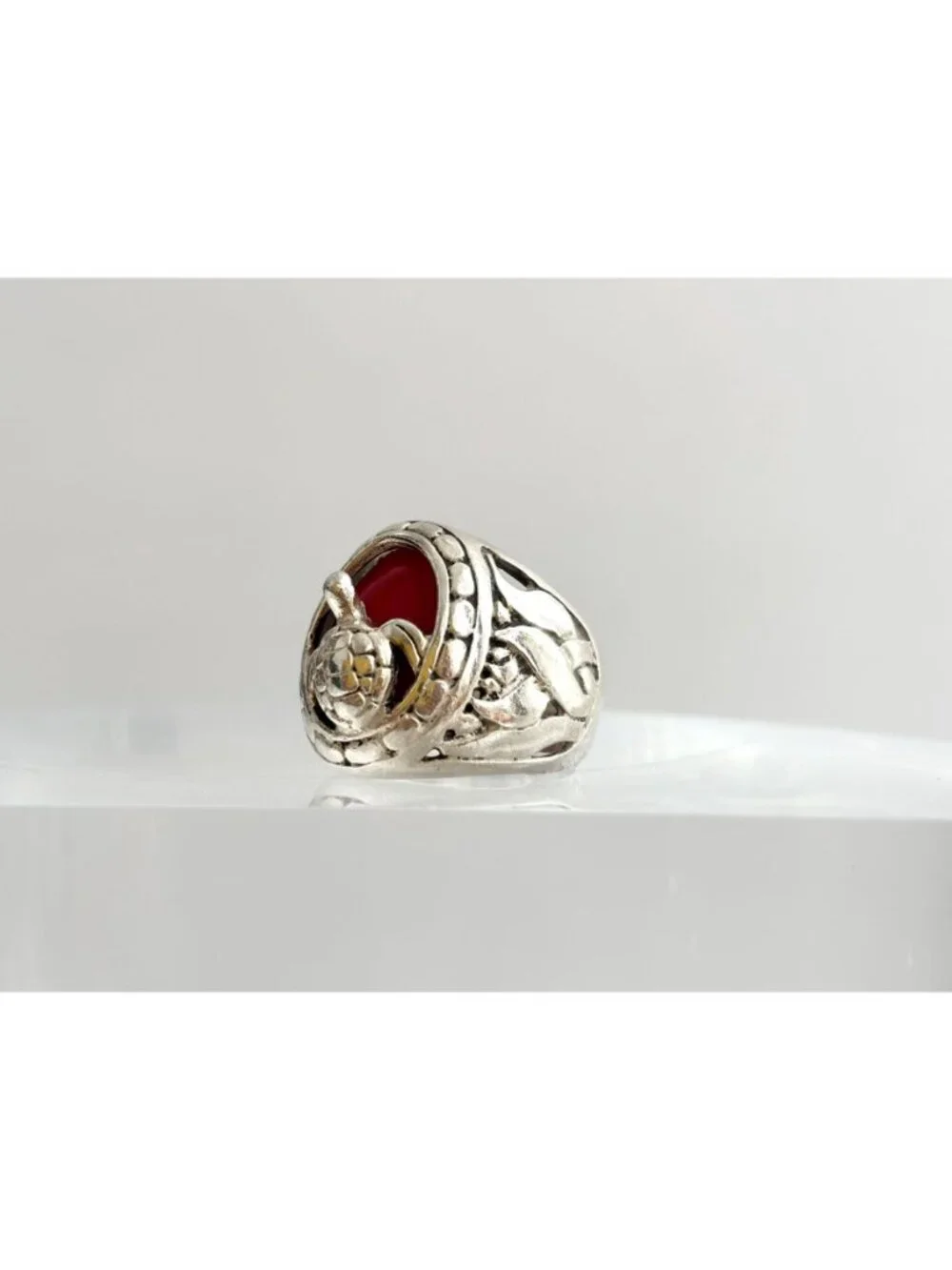 Carnelian Stone Turtle Figural Oval Sterling Silver 925 Vintage Ring - sz 6